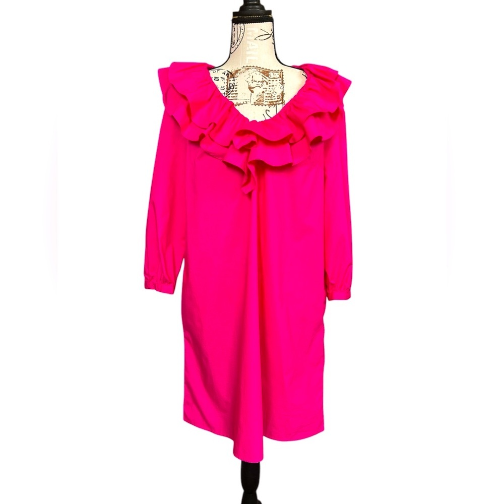 5/$25 Who What Wear Hot Pink Ruffled Shirt Dress w/ 3/4 sleeves size medium
